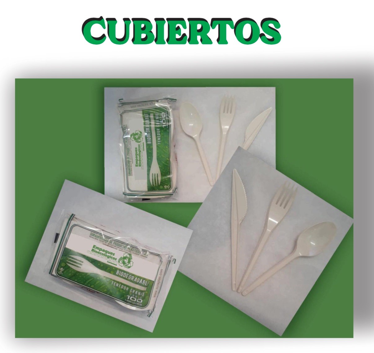 Cubiertos Biodegradables: tenedor, cuchillo y cuchara